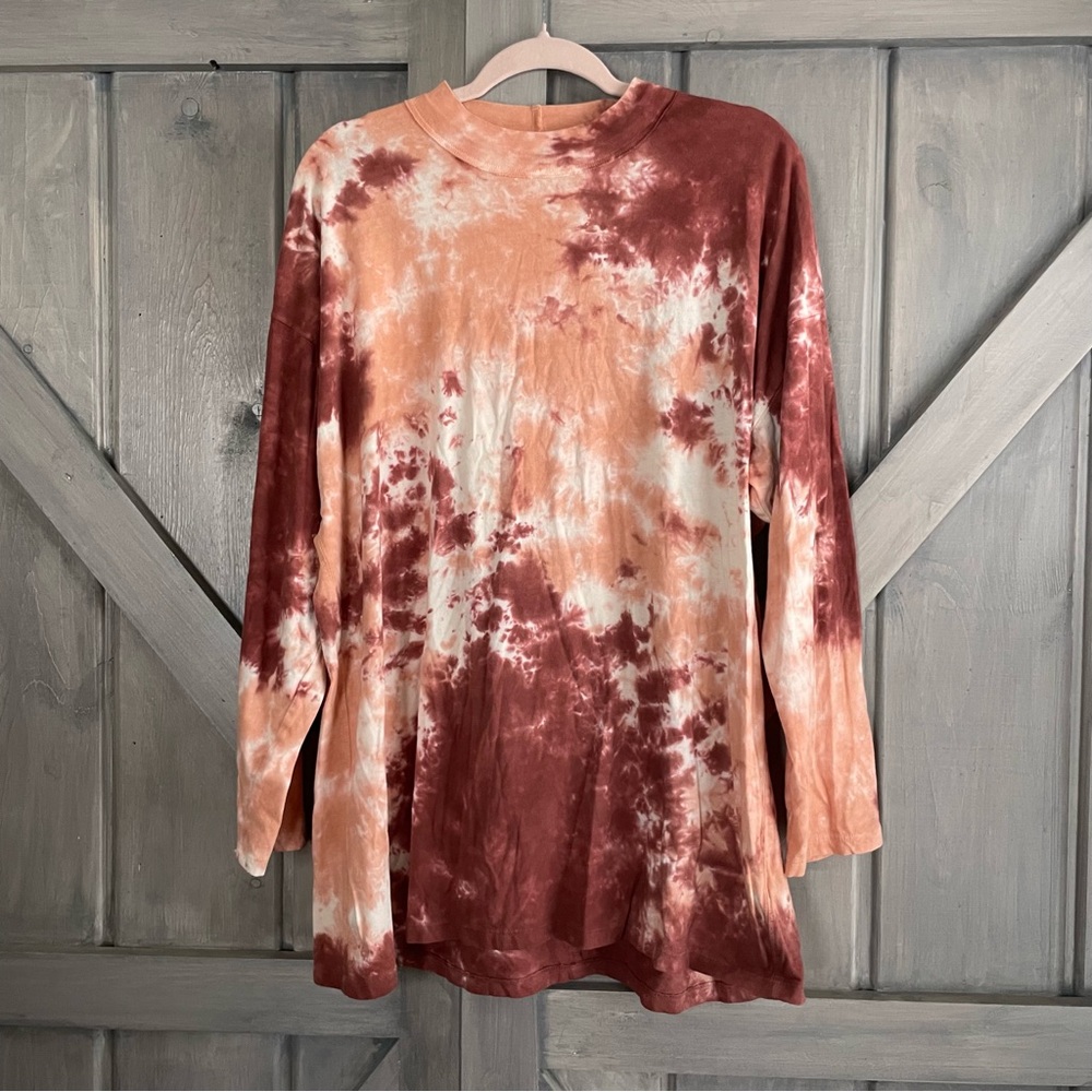 Free People We The Free Tie Dye Peach Rust Crew Longsleeve Overwized SOFT Large